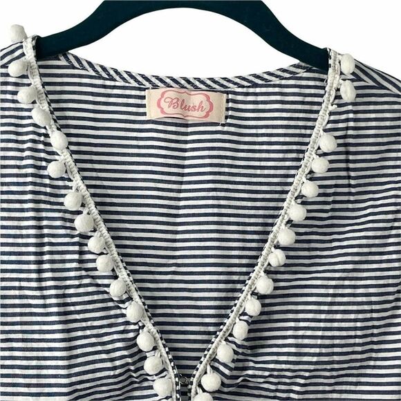 Blush Pom Pom Sleeveless Top Blue White Striped Deep Adjustable V Neck Womens L - Picture 3 of 10